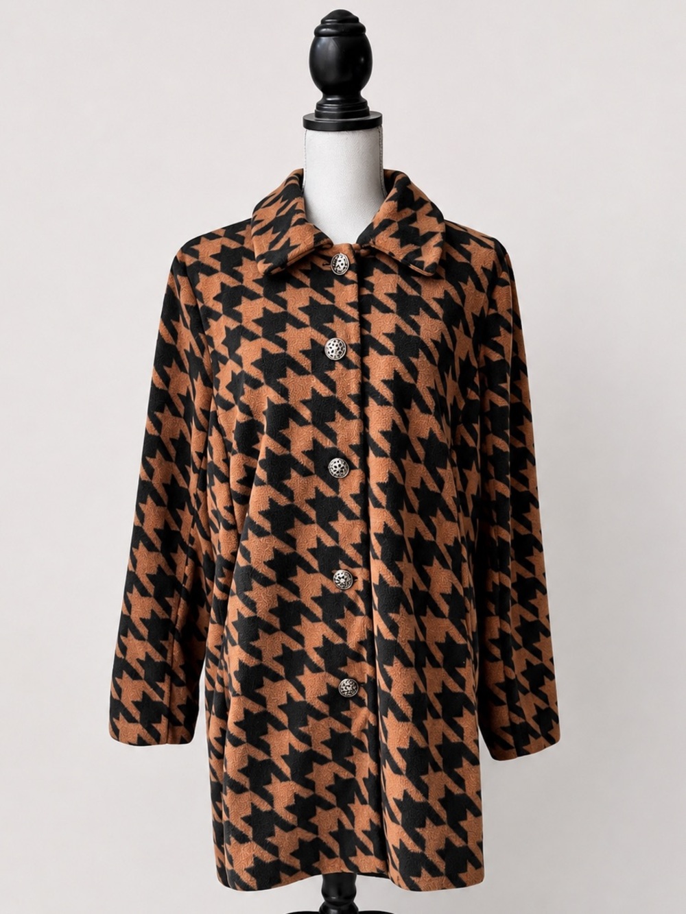 BOB MACKIE brown and black large-print houndstooth fleece long length coat XL